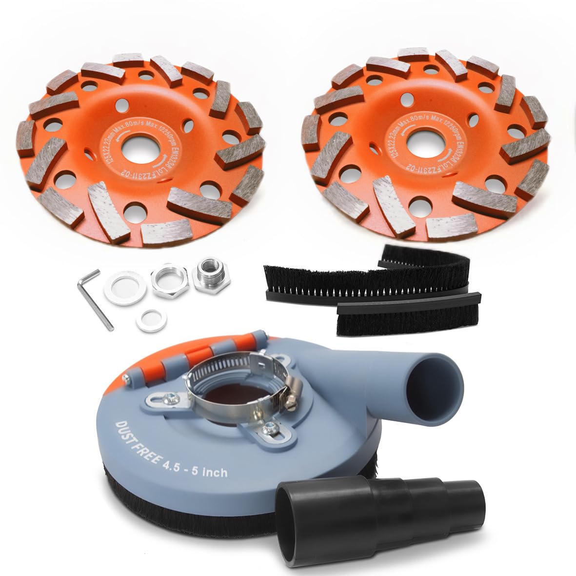 Wohenhao Angle Grinder Dust Shroud 4.5-5" + 2 Diamond Grinding Cup Wheels 5" + Replacement Brush, Universal Surface Grinding Kit
