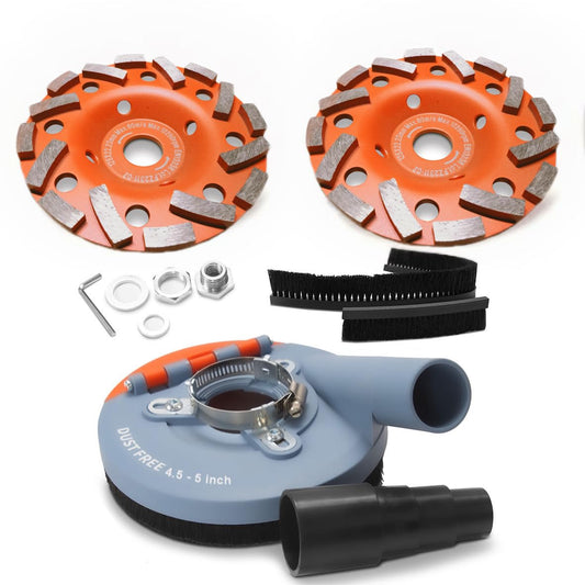 Wohenhao Angle Grinder Dust Shroud 4.5-5" + 2 Diamond Grinding Cup Wheels 5" + Replacement Brush, Universal Surface Grinding Kit