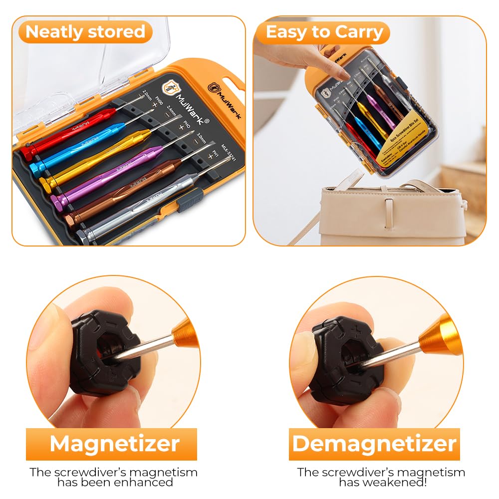 MULWARK 6-Piece Mini Magnetic Screwdriver Set, Precision Flathead & Phillips for Eyeglasses, Watches, Electronics, Phones, Computers