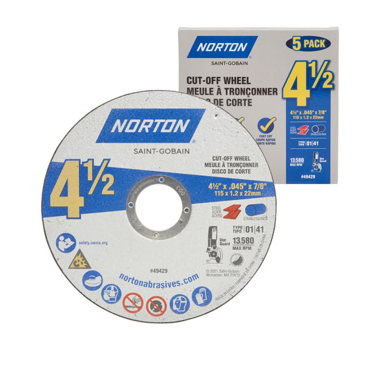 Norton 4-1/2-Inch Cut Off Wheels, Pack of 5 - Aggressive Cutting Discs for Angle Grinder, General Purpose Cutting for Metal & Stainless Steel