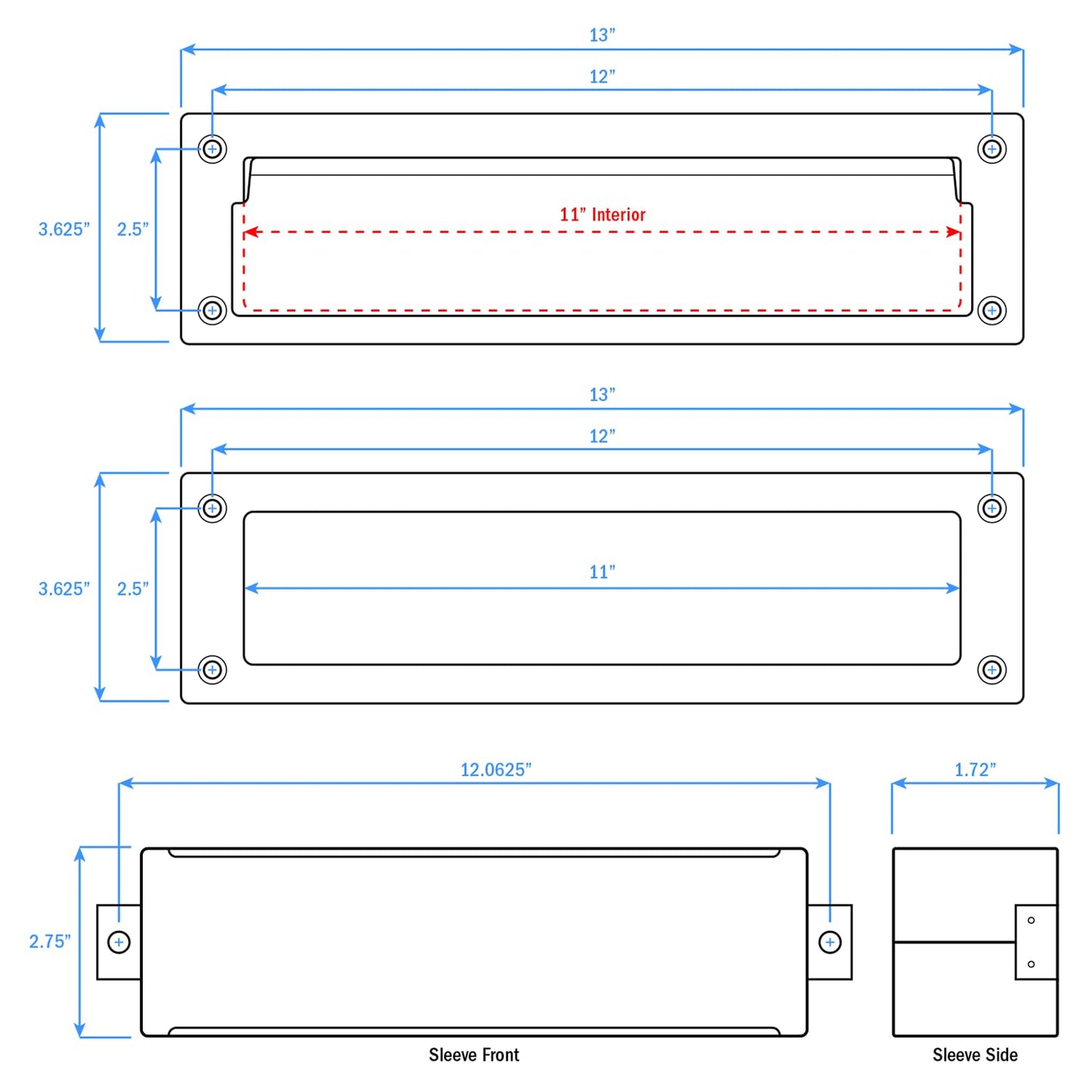 "Nuk3y Solid Brass Mail Slot with Sleeve (Matte Black, 13"" x 3.625"")"