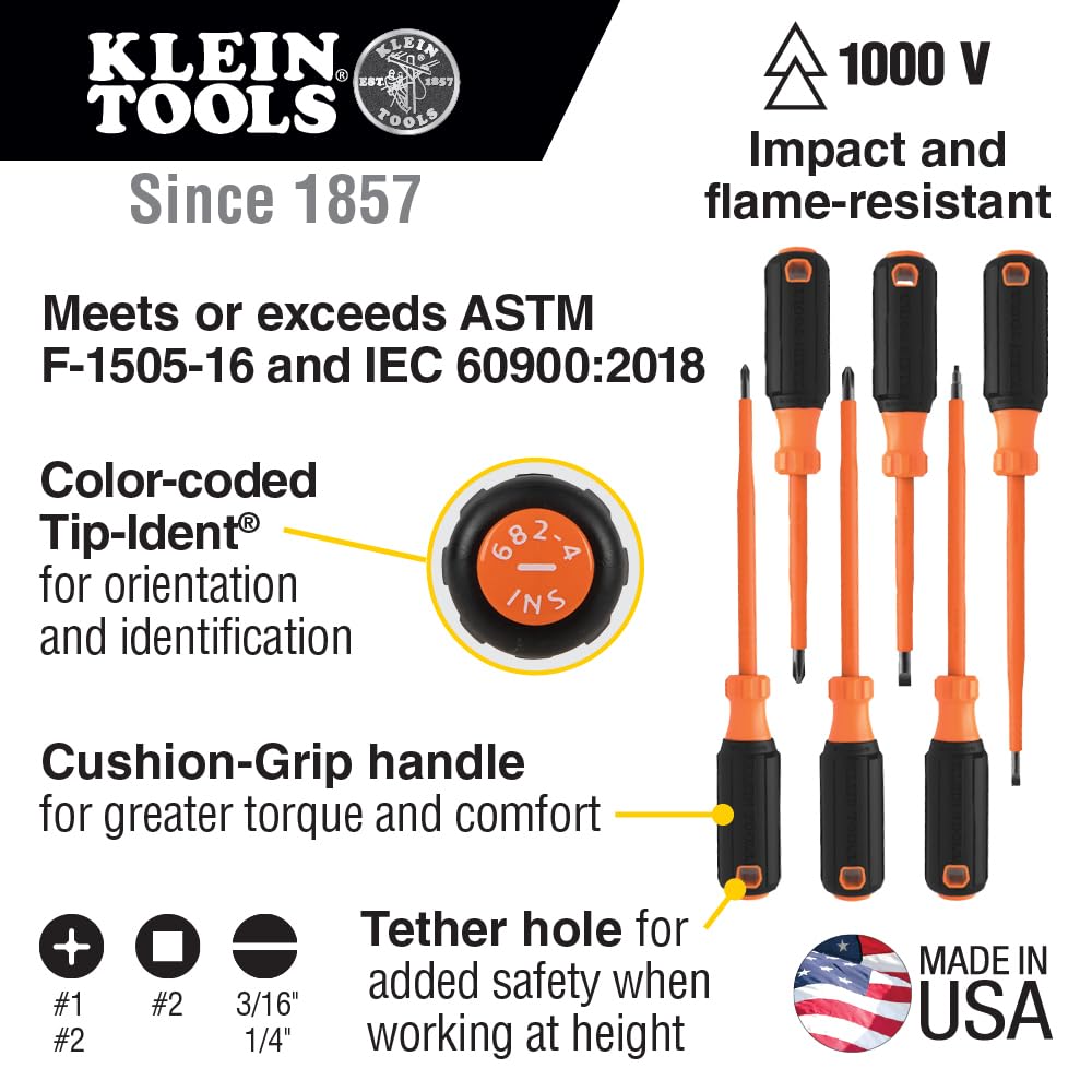 Klein Tools 85076INS 6-Piece Insulated Screwdriver Set, 1000V Electrical, Phillips, Slotted & Square Tips, Made in USA