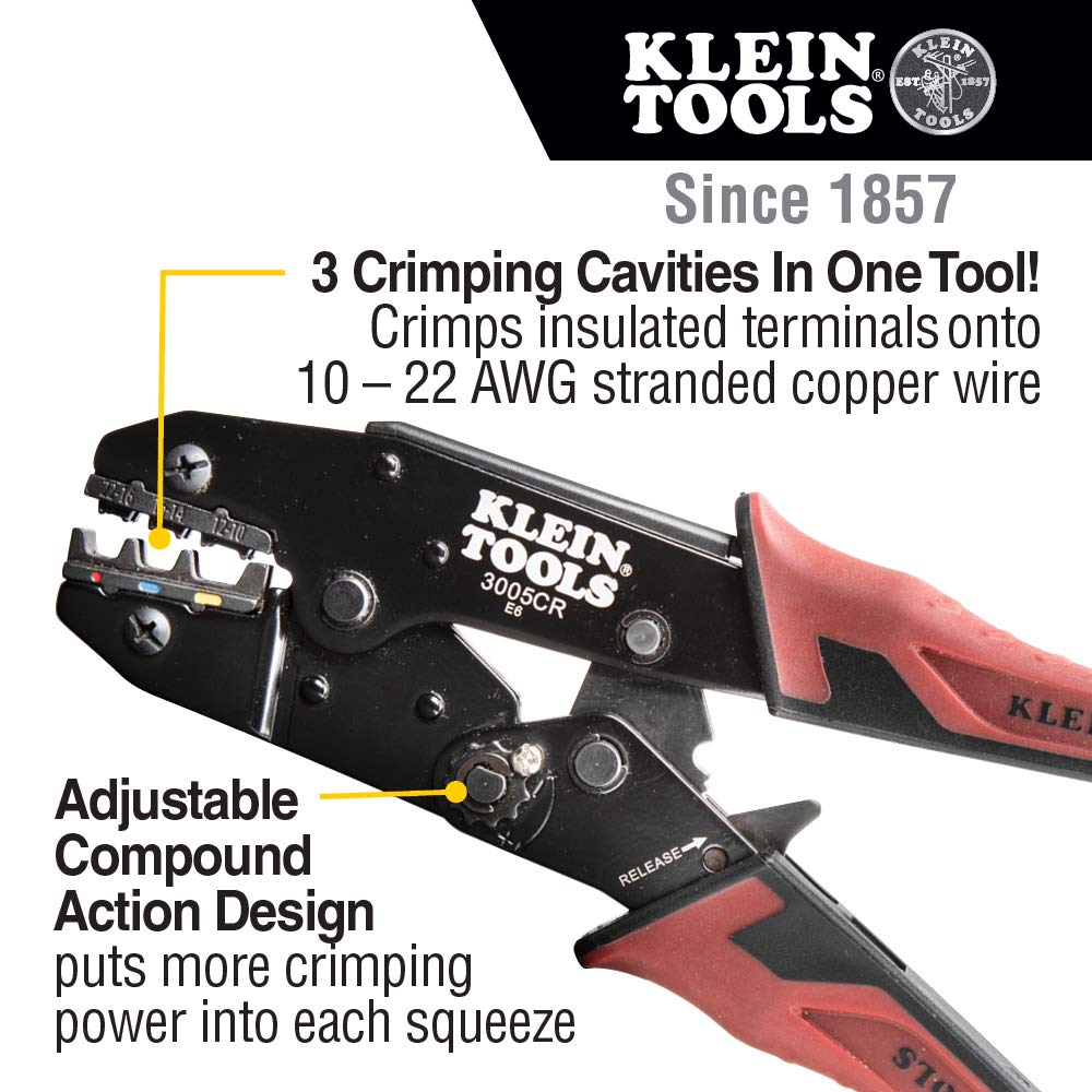 Klein Tools 3005CR Wire Crimper Tool, Ratcheting Insulated Termil Crimper for 10 to 22 AWG Wire
