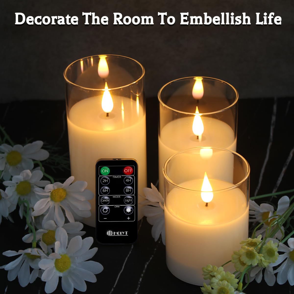 LEDHOLYT Set of 3 Rechargeable Flameless Glass Pillar Candles – Realistic Flicker, Remote & Timer, USB, Perfect for Home & Gifts