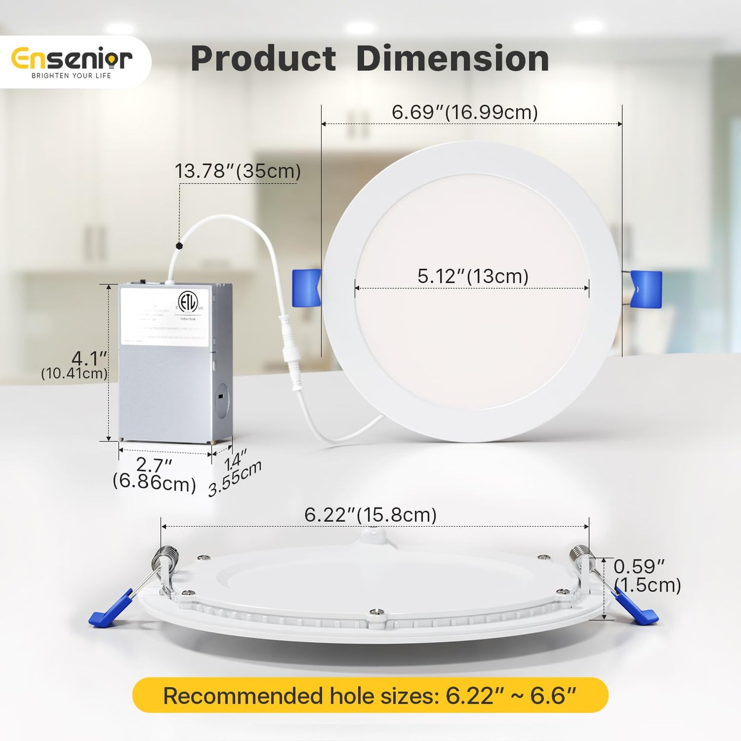 Ensenior 12 Pack 6 Inch LED Recessed Ceiling Light, Dimmable, 2700K-5000K 5CCT, 1200LM 12W 120V, High Brightness Canless Wafer Downlight - ETL&FCC&IC