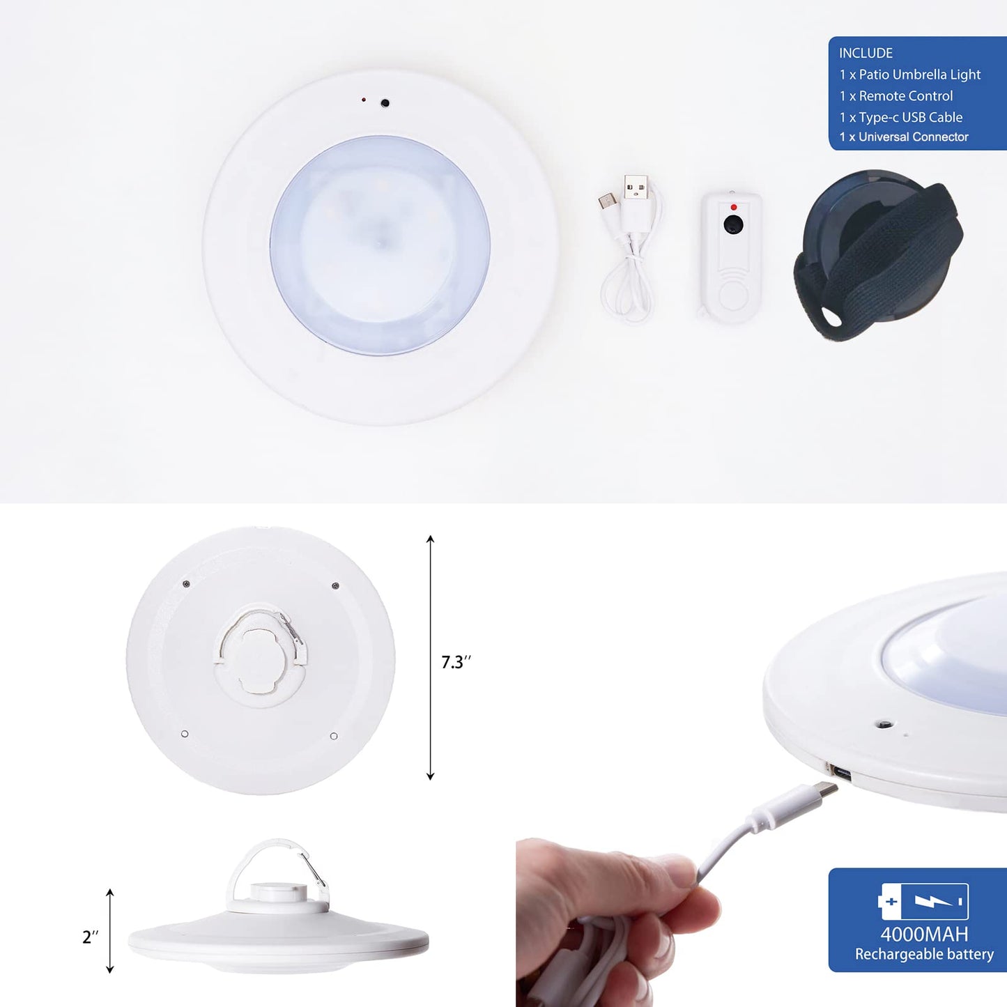 Happetite Rechargeable Umbrella Lights for Patio | Warm White, 3 Brightness Modes, Remote Controlled, Battery Operated for Outdoor & Garden