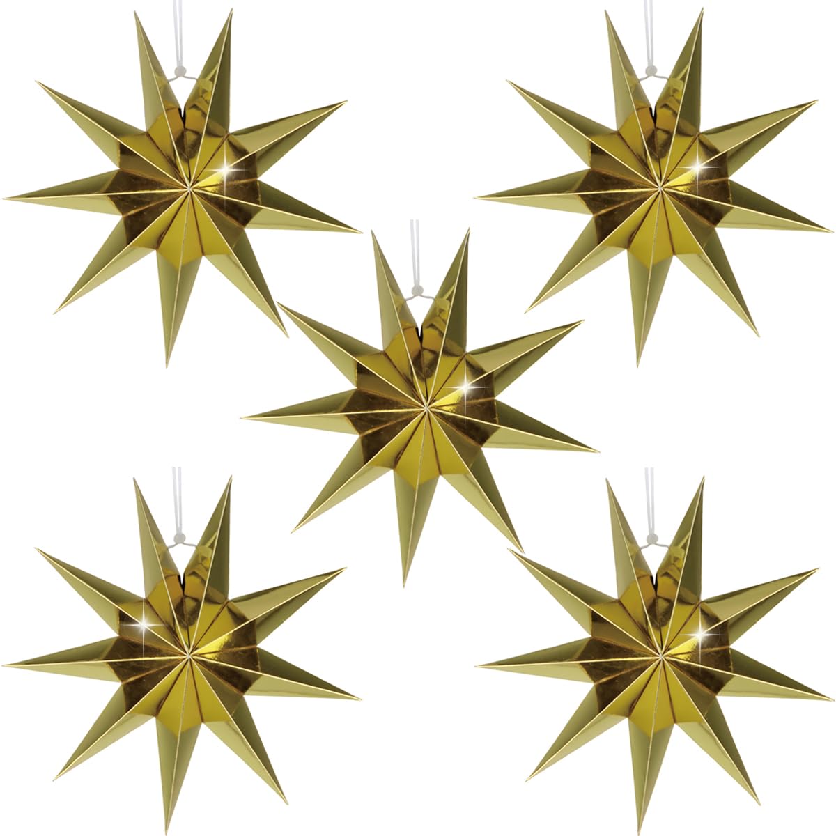 5-Pack 11.8” Gold 9-Point Paper Star Lanterns – Hanging Paper Lampshades for Christmas, Wedding, Birthday & Home Decor