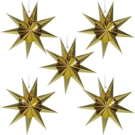 5-Pack 11.8” Gold 9-Point Paper Star Lanterns – Hanging Paper Lampshades for Christmas, Wedding, Birthday & Home Decor