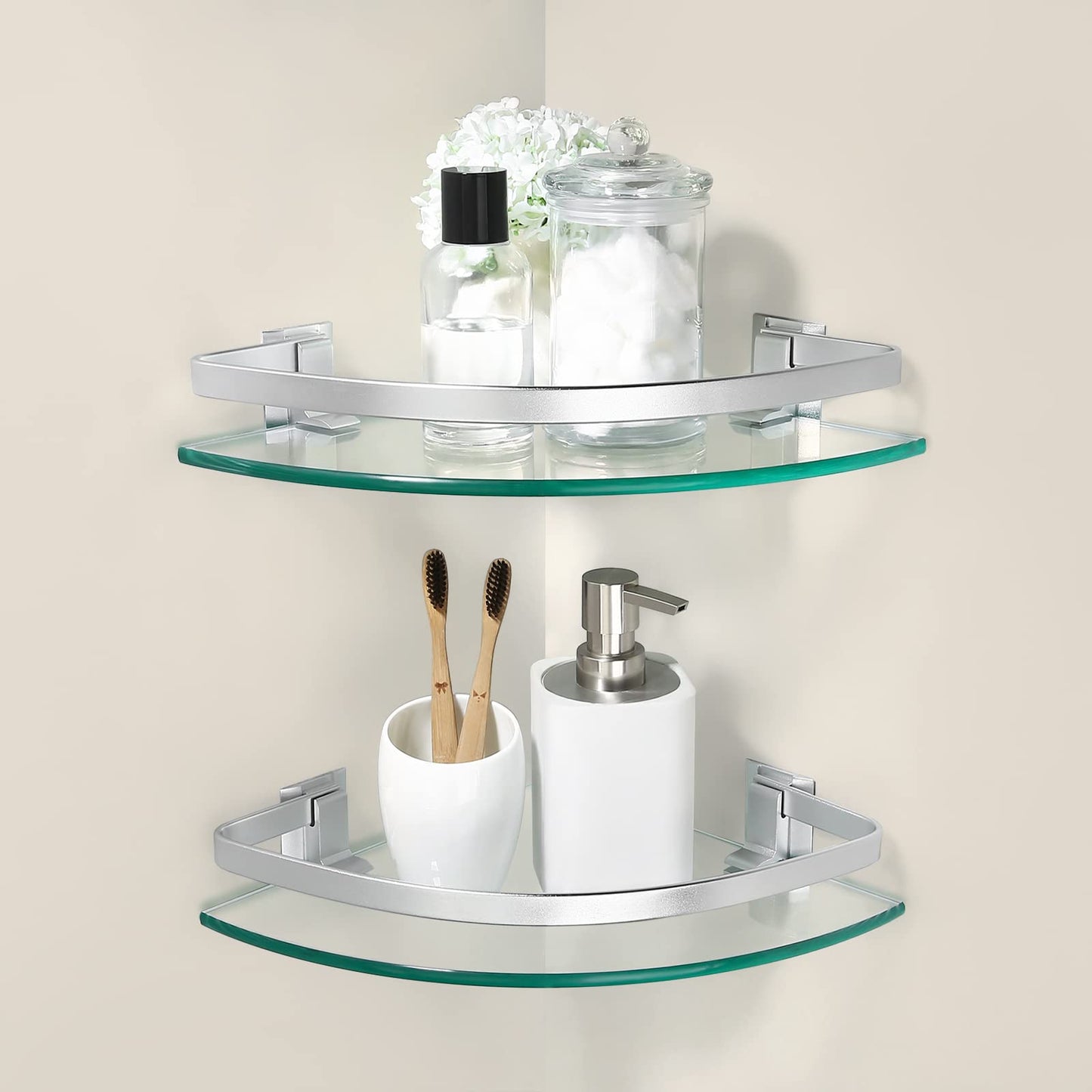 KES Glass Corner Shelf Bathroom, Corner Glass Shelf with Rail Wall Mount 2 Tier Sand Sprayed Silver Finish, A4120A-P2
