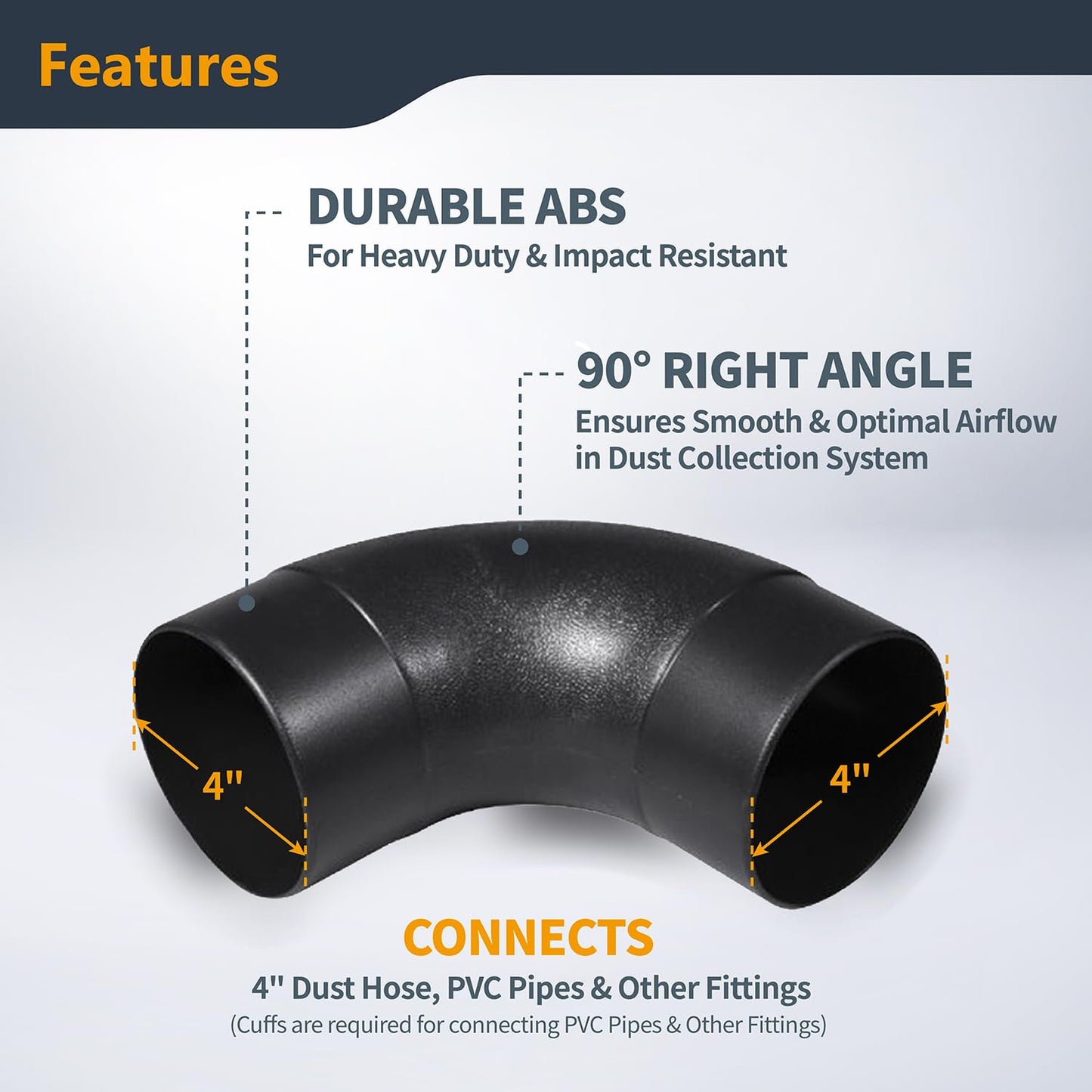 POWERTEC 70105 4" Elbow Dust Hose Connector, Black, 4", 90 Degree Elbow