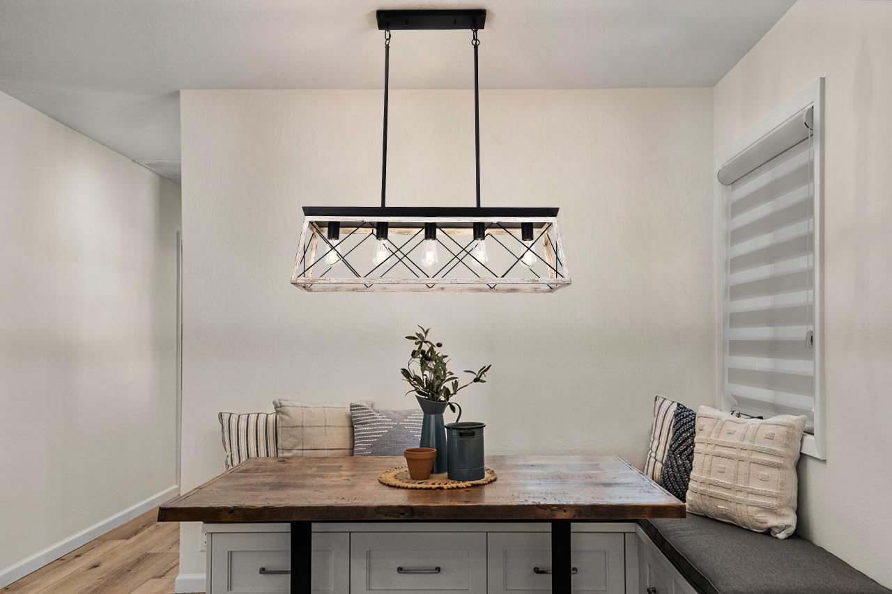 **Luupyia Farmhouse Rectangular Chandelier, 5-Light Rustic Linear Island Pendant for Kitchen, Dining Room & Pool Table, Beige**