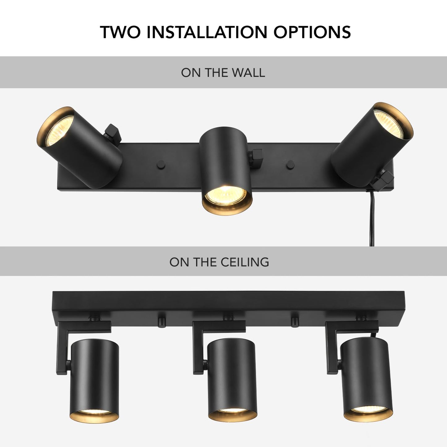 GLOBE Electric 17" 3-Light Plug-in Track Lighting, Matte Black, Pivoting Heads, 15ft Cord, In-Line Switch, Ceiling Light