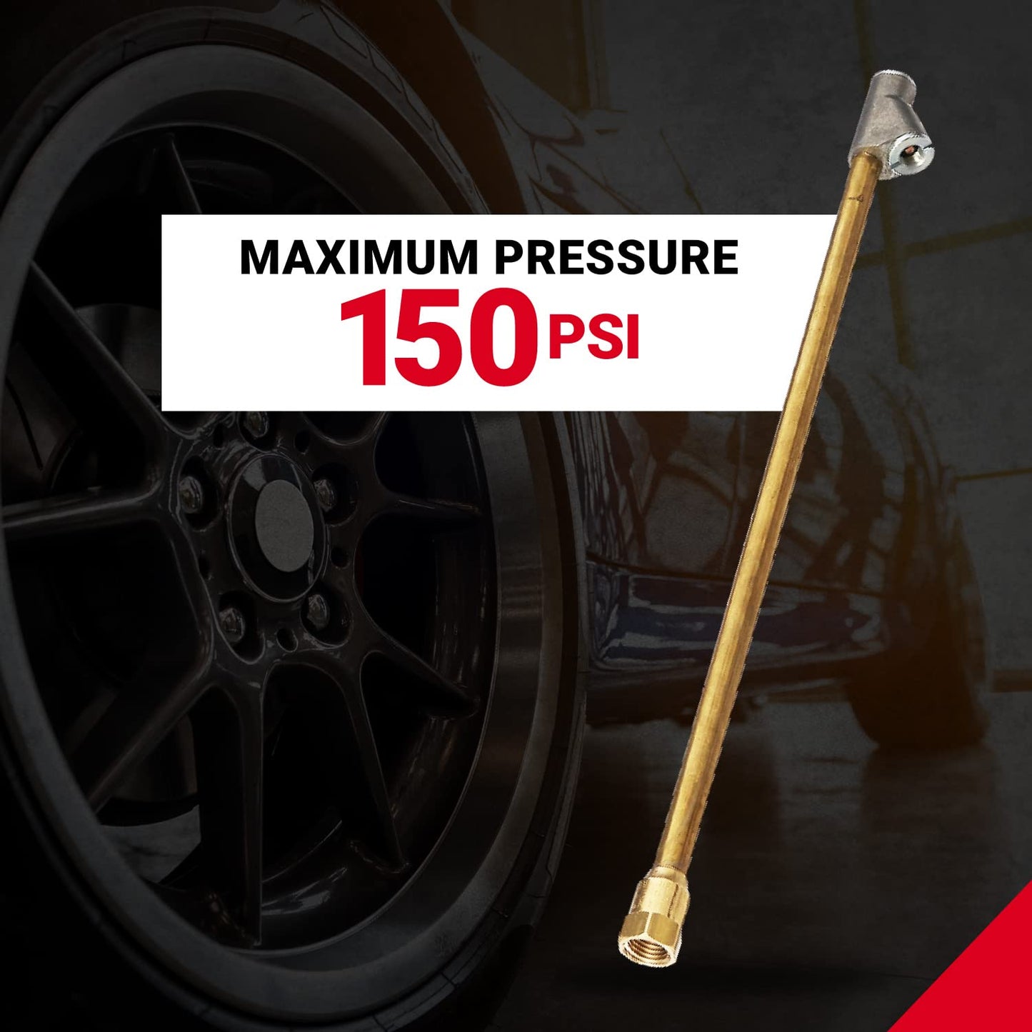 Straight Foot Dual Head Air Chuck, 12" Extended Reach, 1/4" FNPT, 150 PSI, for Truck, Trailer, RV & Car – S-693-12