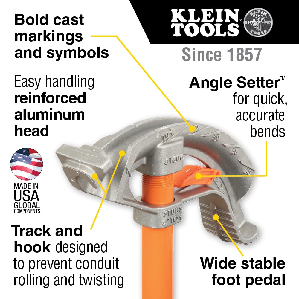 Klein Tools 51606 Aluminum Conduit Bender Full Assembly, 1/2-Inch EMT, Wide Food Pedal, Benchmark Symbols and Angle Setter