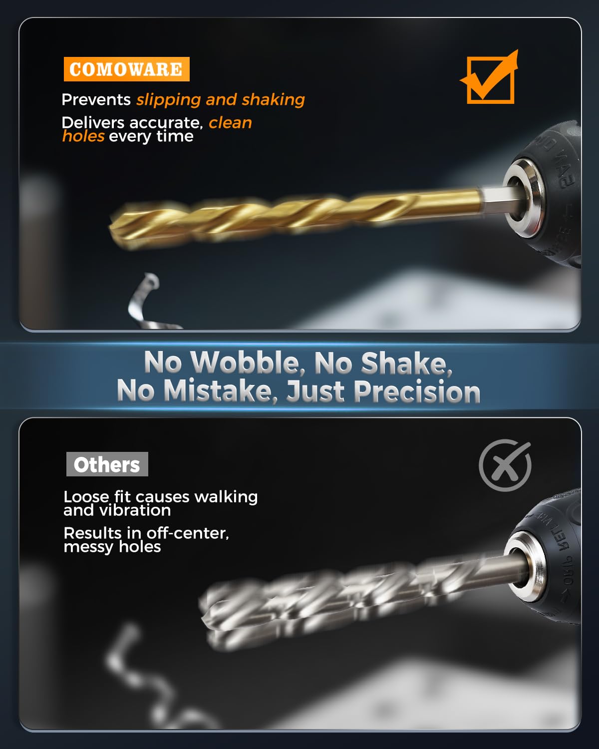 COMOWARE Titanium Twist Drill Bit Set - 16 Pcs Hex Shank High Speed Steel for Wood Plastic Aluminum Alloy, Quick Change, 1/16"-1/4"