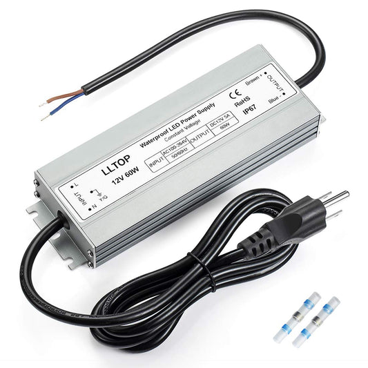 LLTOP 60W Waterproof LED Driver, IP67 Power Supply AC100–264V to 12V DC 5A, Ultra-Thin Low Voltage Transformer for Outdoor LED & DIY Projects