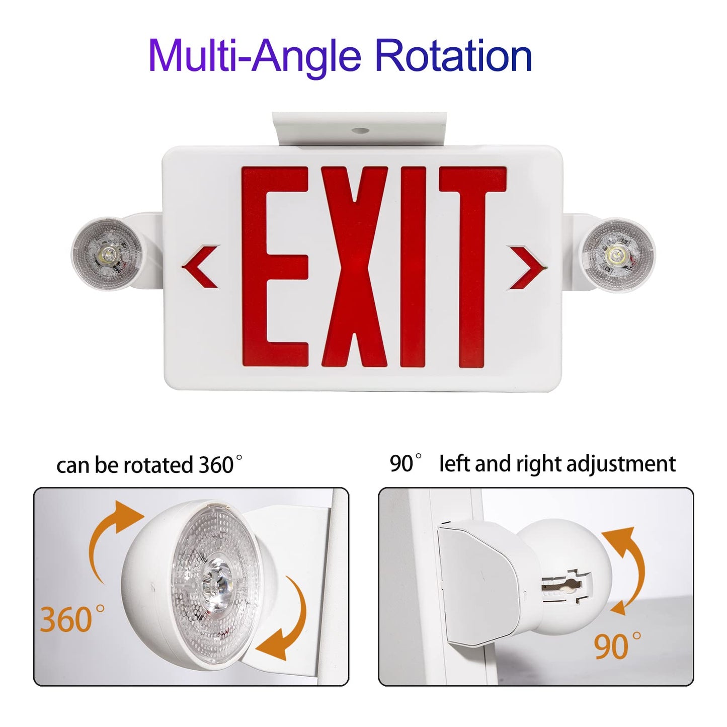 CM MZY LED Exit Sign with Emergency Lights, Red Letter, Battery Backup, 2 Adjustable Heads, AC 120V/277V, UL Certified, 1 Pack