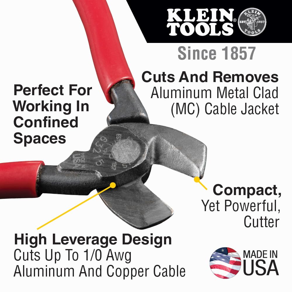 Klein Tools 63215 Cable Cutter, Made in USA, High-Leverage 6.5-Inch Compact, Forged From US Made Steel, Ideal for Cutting Aluminum and Copper Cable