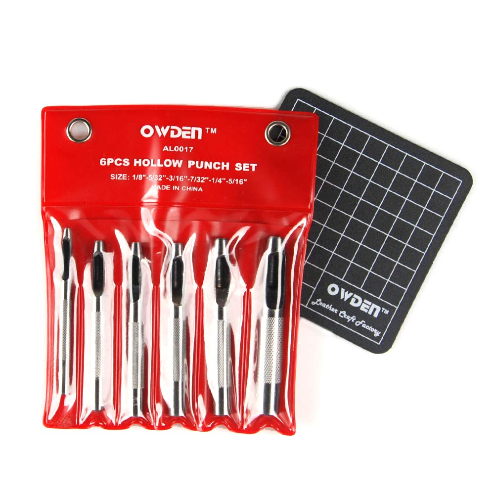 OWDEN 6 Pieces Hollow Hole Punch Set (1/8" - 5/16"),Leather Punch Tools, with A Free Cutting MAT