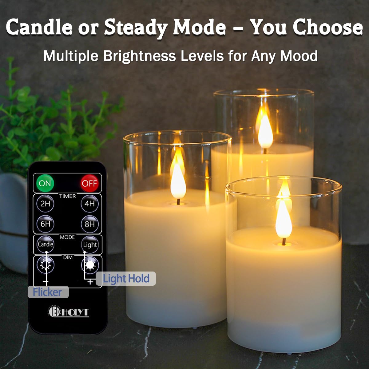 LEDHOLYT Set of 3 Rechargeable Flameless Glass Pillar Candles – Realistic Flicker, Remote & Timer, USB, Perfect for Home & Gifts
