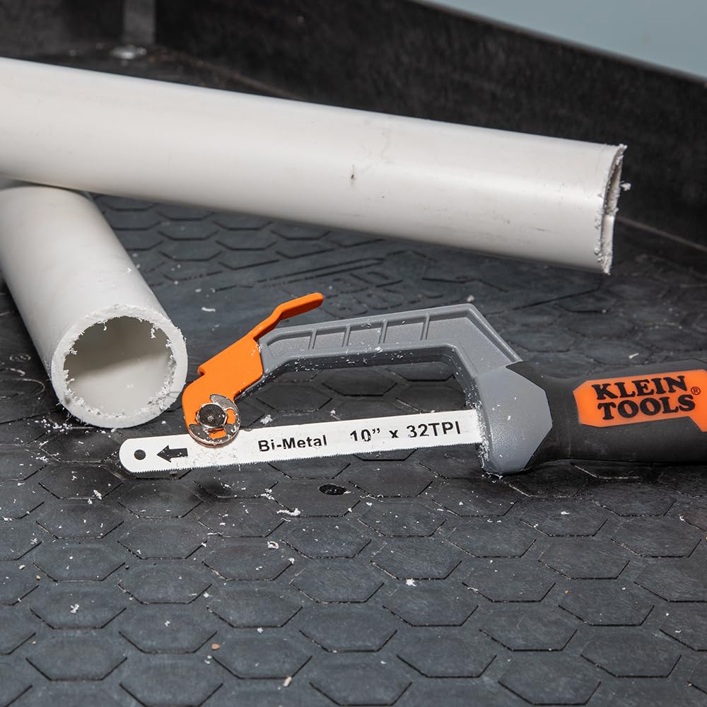 Klein Tools 31432FC Mini Finish-Cut Hacksaw, 10-Inch 32 TPI Bi-Metal Blade Hand Saw, Cuts Plastic, Wood, and Thin-Wall Metal in Tight Spaces