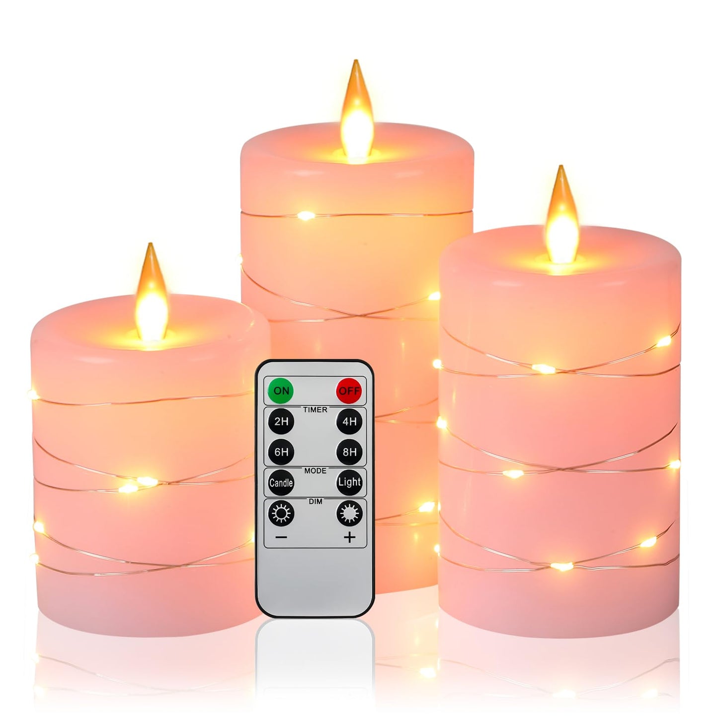 Da by Flameless Candles with String Lights，Battery Operated Candles,LED Flickering Candles with Remote Control and Timer, Real Wax, 3 Pack-Pink