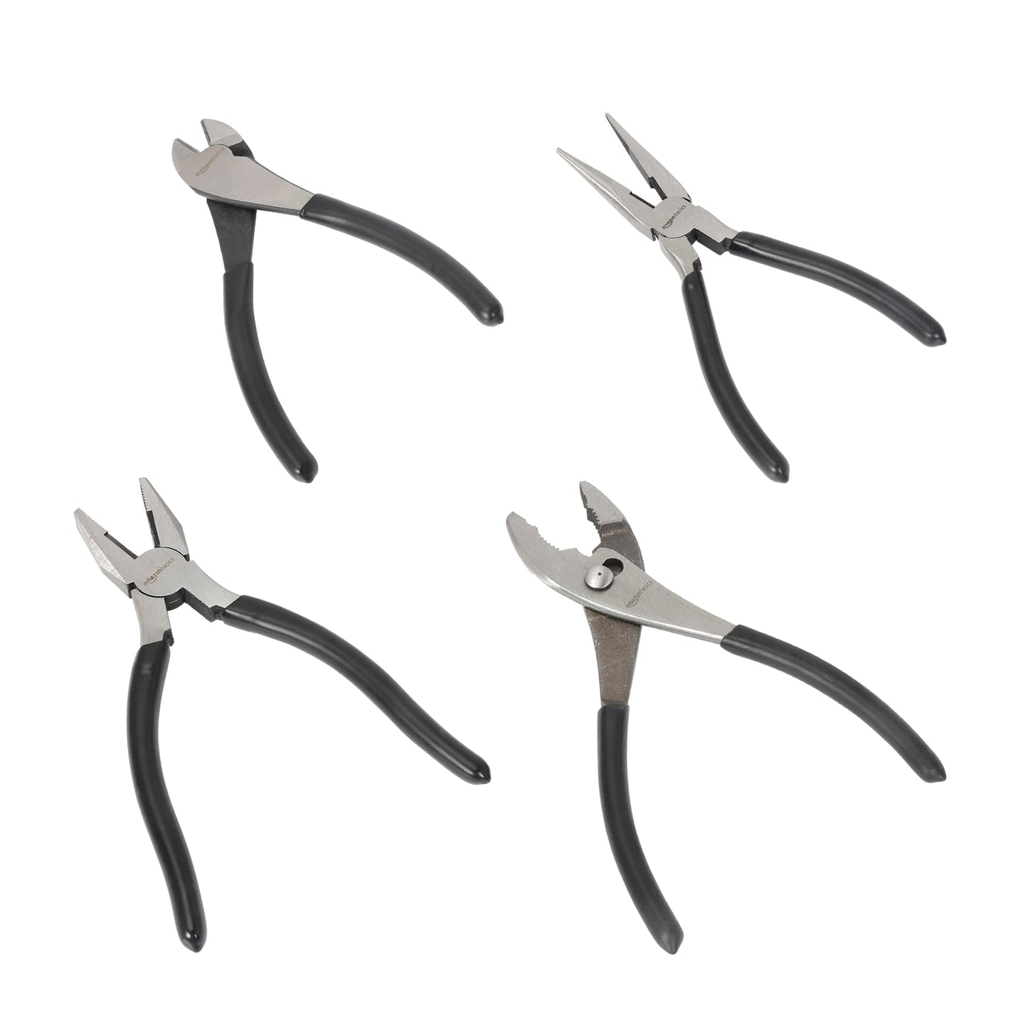Amazon Basics Pliers Set, Hand Tools for Precision, Set of 4, Black and Silver