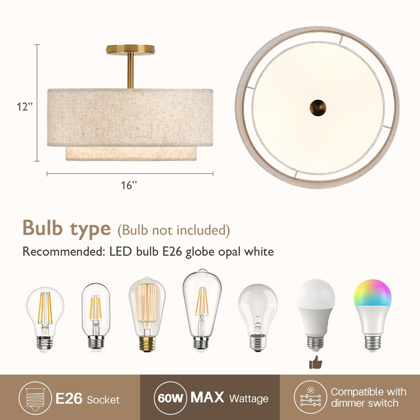 CALOKES 16" Double Drum Gold 3-Light Semi-Flush Ceiling Light with Fabric Linen Shade for Living Room, Bedroom, Kitchen & Hallway