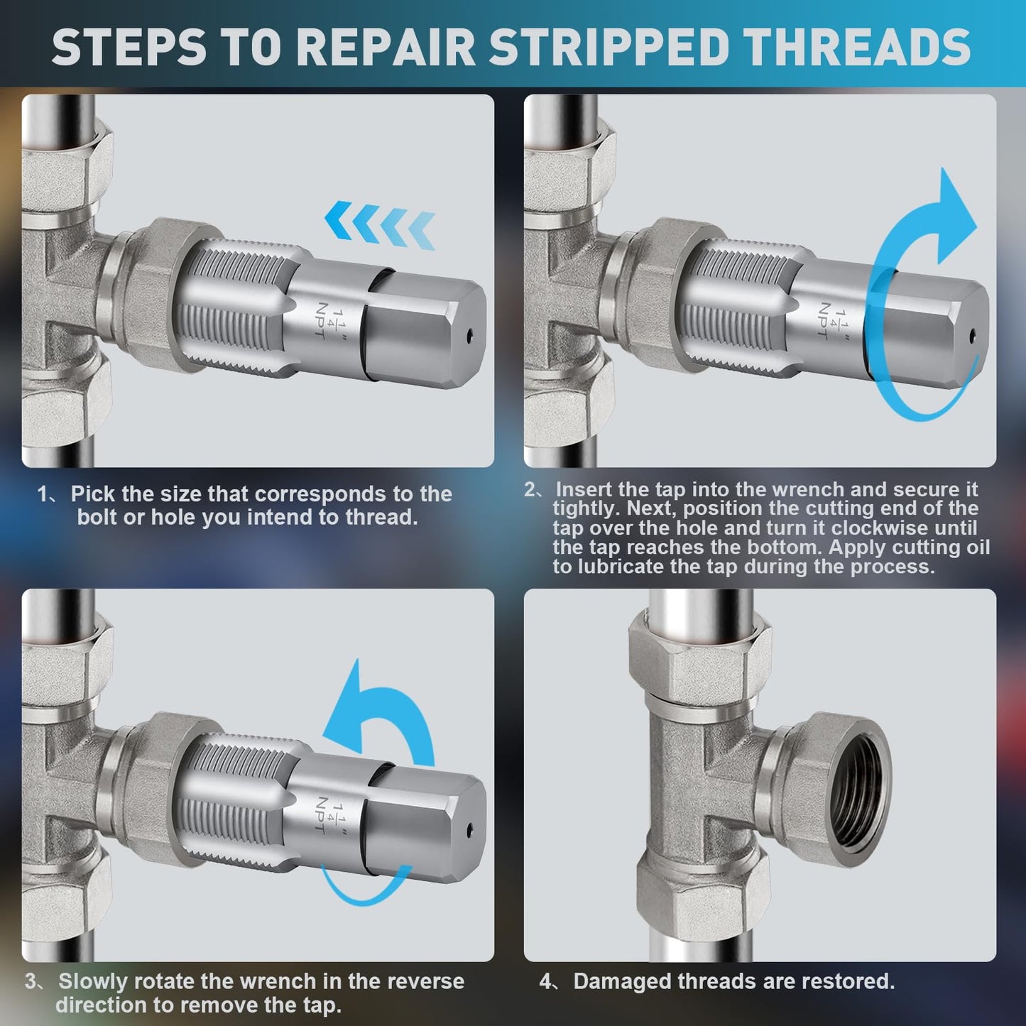 1-1/4"-11-1/2 NPT Pipe Tap Set, Precision Carbon Steel Threading Tool for Cleaning & Re-Threading Damaged Pipe Threads, Includes Durable Plastic Case