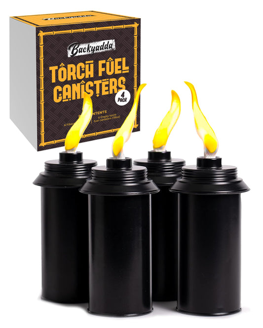 Backyadda Torch Replacement Canisters (16 oz). Compatible with Tiki Torches. Easy Fill Opening. 4-Pack Standard Metal (Without Caps)