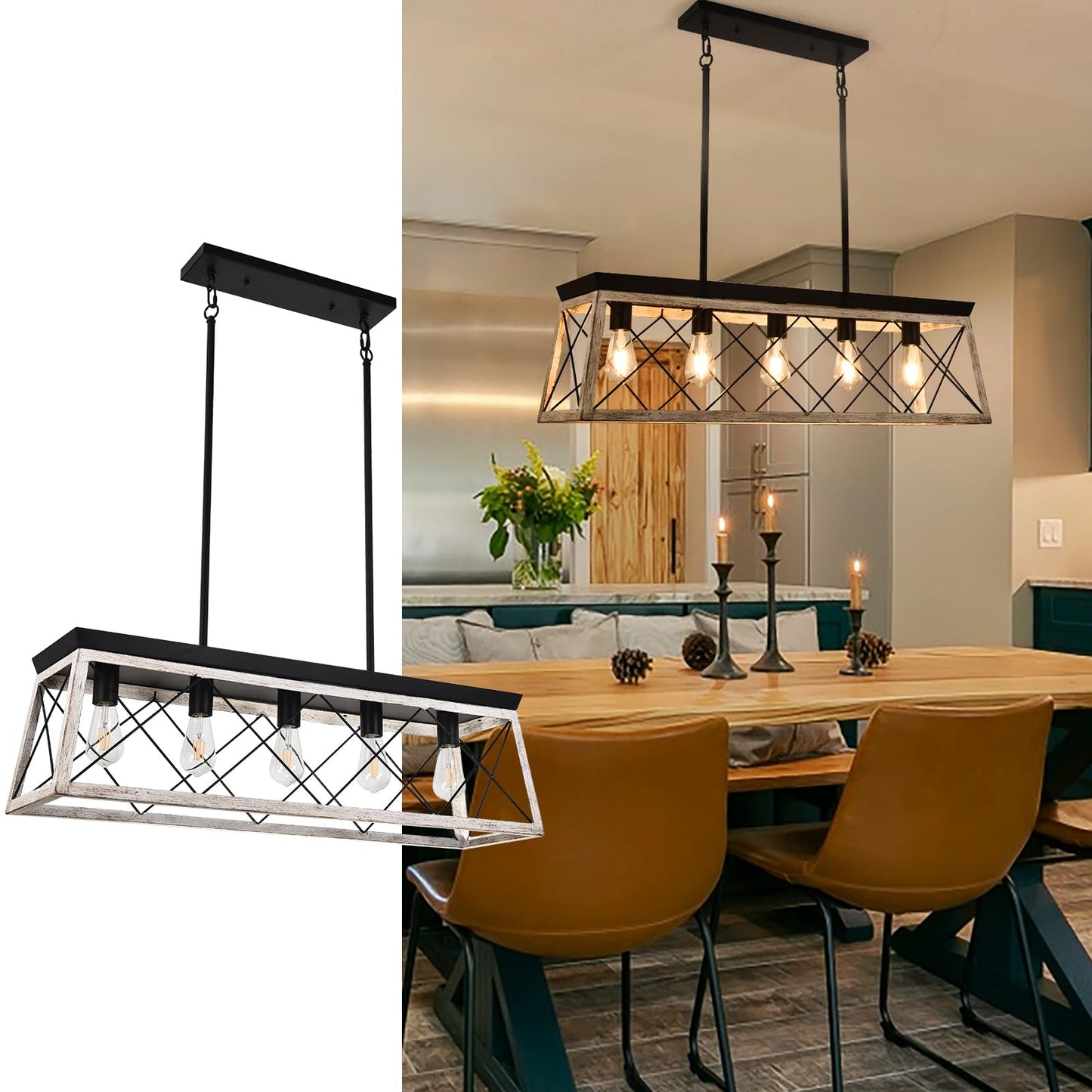 **Luupyia Farmhouse Rectangular Chandelier, 5-Light Rustic Linear Island Pendant for Kitchen, Dining Room & Pool Table, Beige**