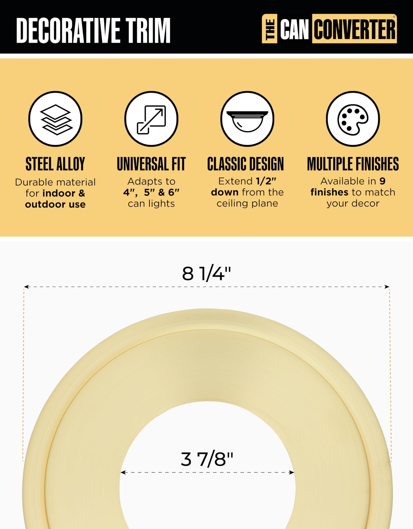 Can Converter Ceiling Medallion for 4", 5", 6" Recessed Lights – Decorative Steel Goof Ring & Cover Plate, Brushed Brass, Small Ceiling Accent