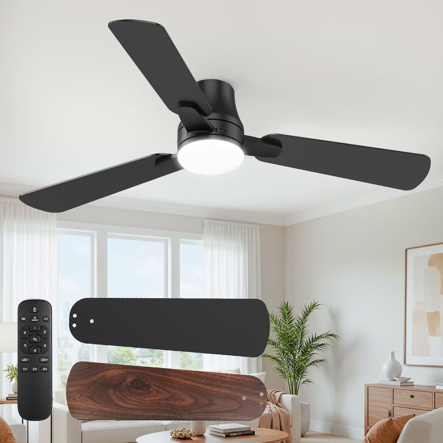 OSTIVE 42" Modern Black Ceiling Fan with Light & Remote, Low Profile Flush Mount, Quiet DC Motor, Reversible Blades, Dimmable LED, Indoor/Outdoor
