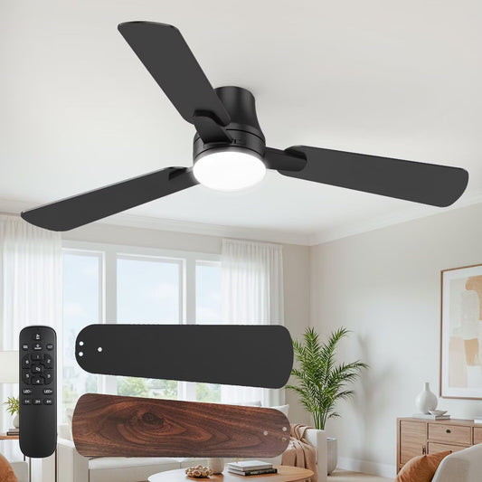 OSTIVE 42" Modern Black Ceiling Fan with Light & Remote, Low Profile Flush Mount, Quiet DC Motor, Reversible Blades, Dimmable LED, Indoor/Outdoor