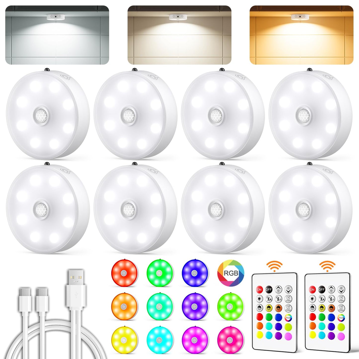 Rechargeable Puck Lights with Remote – 3 Color Temps + 12 RGB LEDs, Motion Sensor, Dimmable Wireless Under Cabinet & Closet Lighting