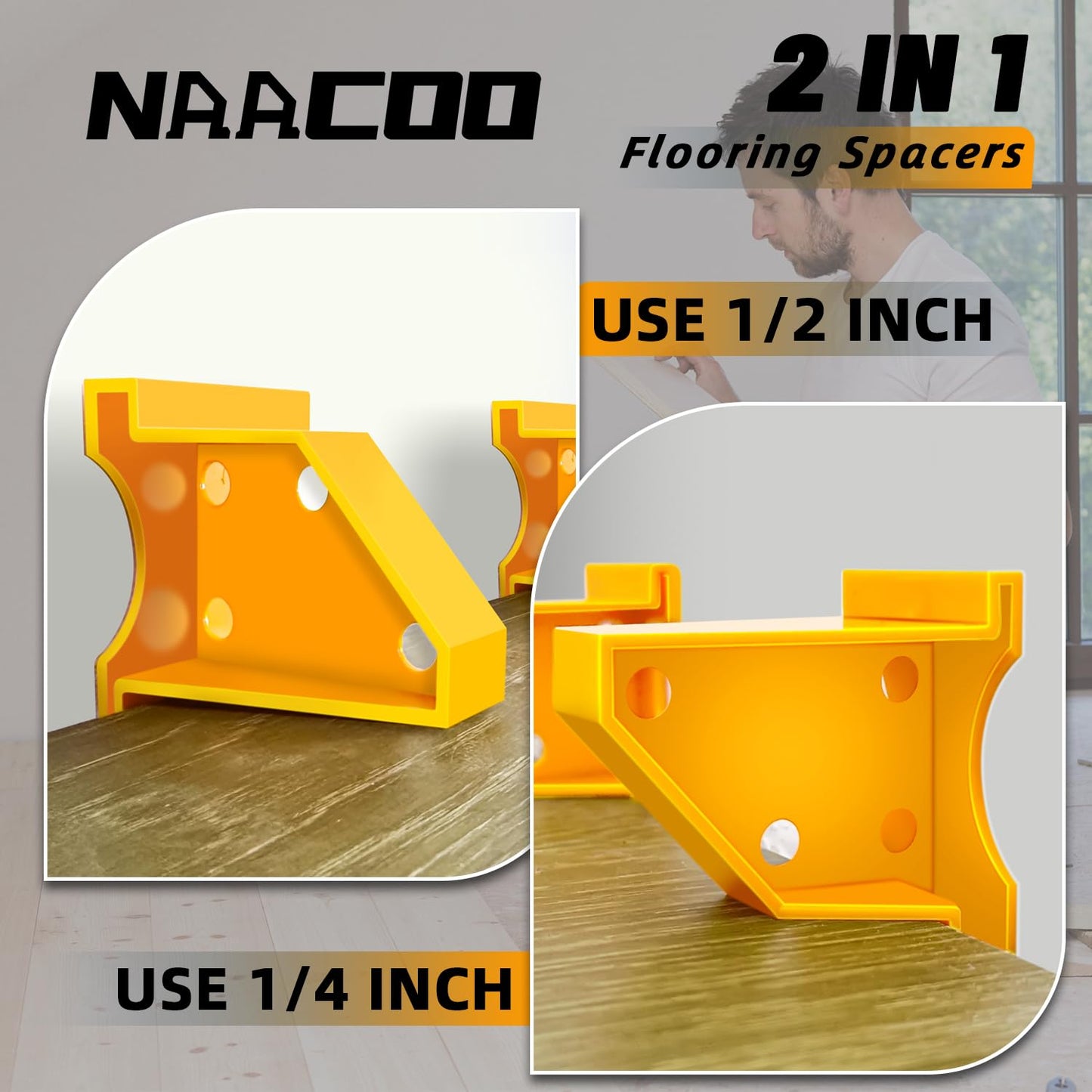 NAACOO Laminate & Vinyl Flooring Installation Kit – Tapping Block, 10” Contour Gauge, Pull Bar, 2-in-1 Spacers, Double-Faced Mallet