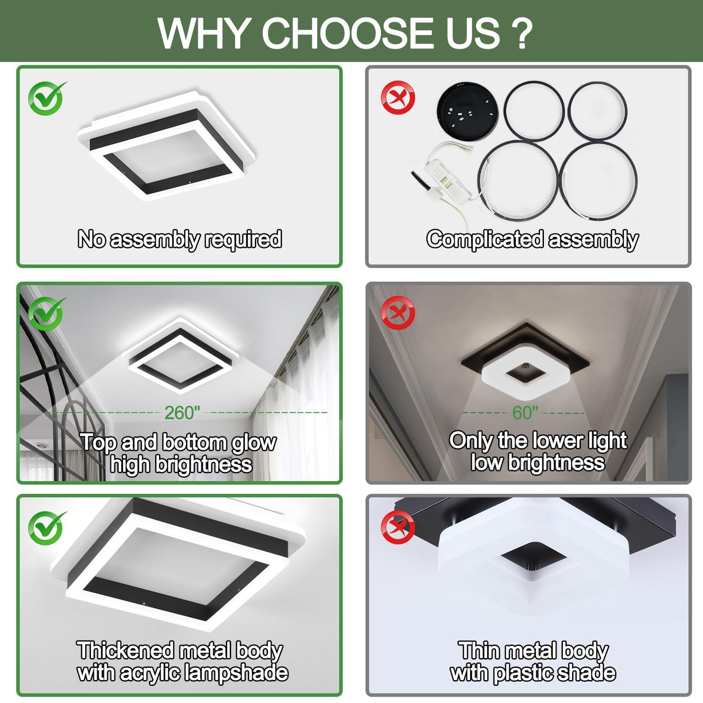 24W Square Modern LED Ceiling Light, Black Flush Mount, Cool White 6000K, Small Fixture for Hallway, Living Room, Bedroom, Kitchen