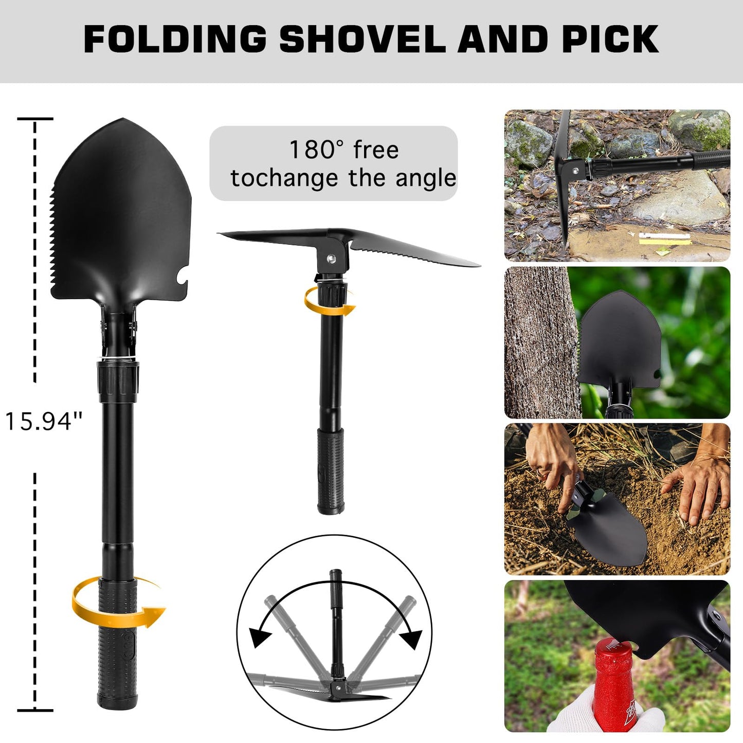 26oz Geologist Rock Pick Kit with 12" Folding Shovel, Multitool, Survival Bracelet, Safety Glasses, Loupe & Gloves for Gold Prospecting