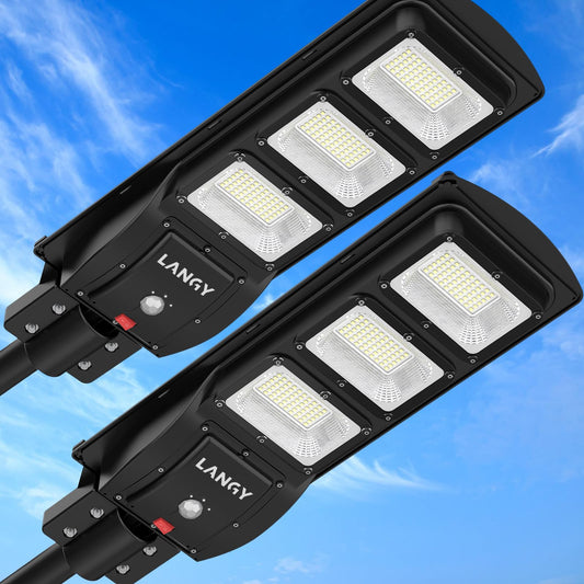 LANGY 2 Pack Solar Street Lights Outdoor 150000 Lumens, 180 LED Dusk to Dawn Solar Powered Lights with Remote for Yard, Barn & Garden