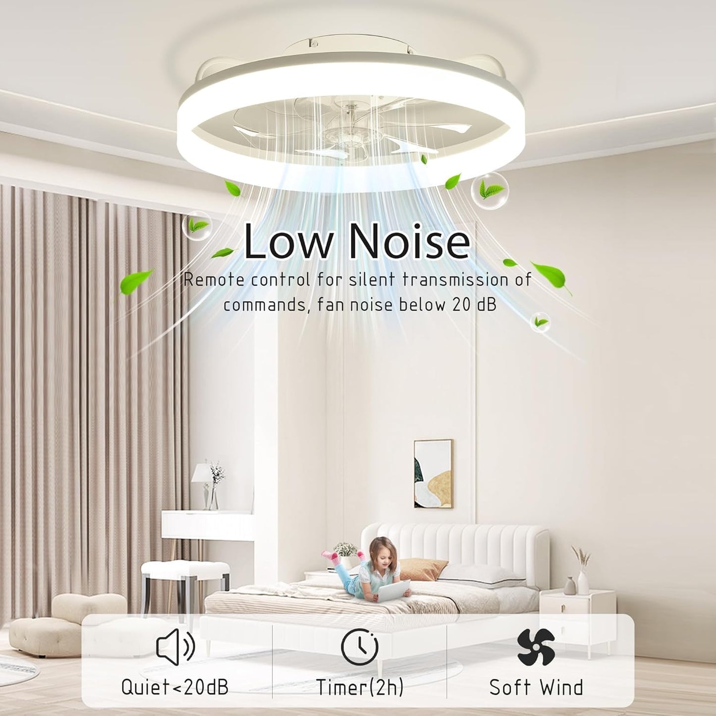 20" White Ceiling Fan with Light & Remote, Flush Mount Fandelier for Bedroom, 6 Speeds, Stepless Color Temperature, Modern Design