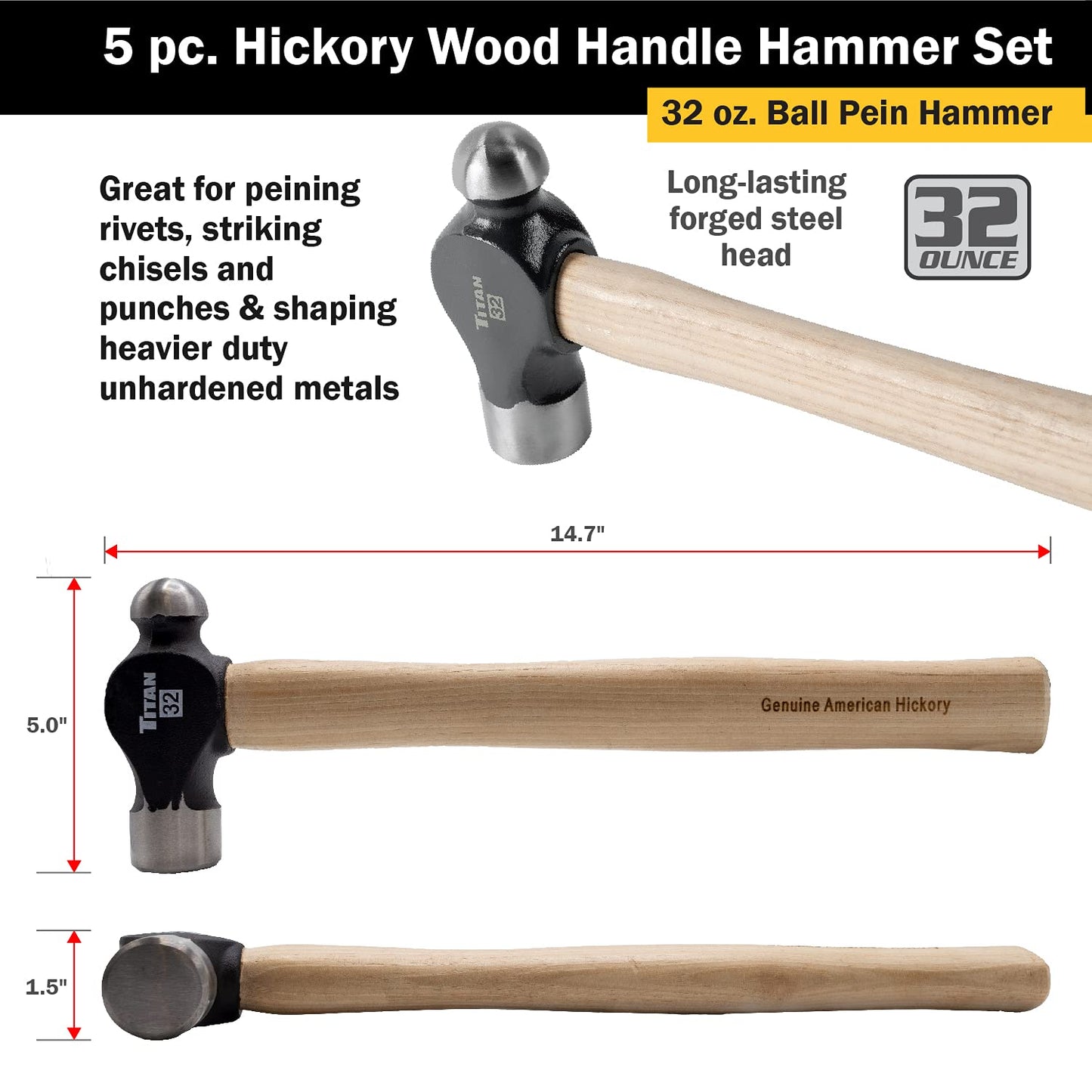 Titan 85070 5-Piece Hammer Set, Includes 16oz & 32oz Ball Pein, 16oz Rubber Mallet, 3lb Sledgehammer & 3lb Cross Pein with Hickory Wood Handles