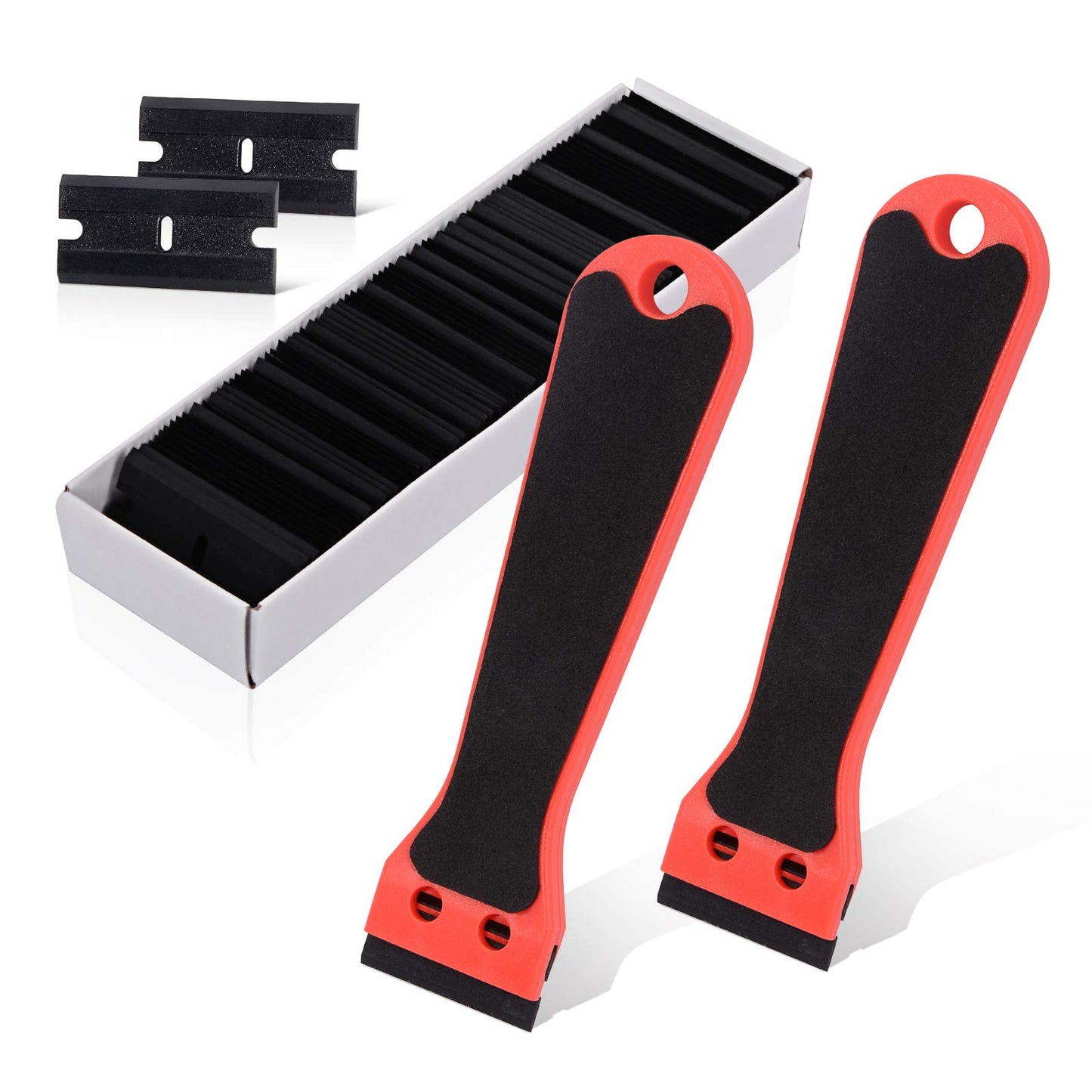 EHDIS 2pcs 6" Plastic Razor Scraper with 100 Double-Edge Blades – Adhesive, Vinyl, Window Tint & Sticker Glue Remover (Red)