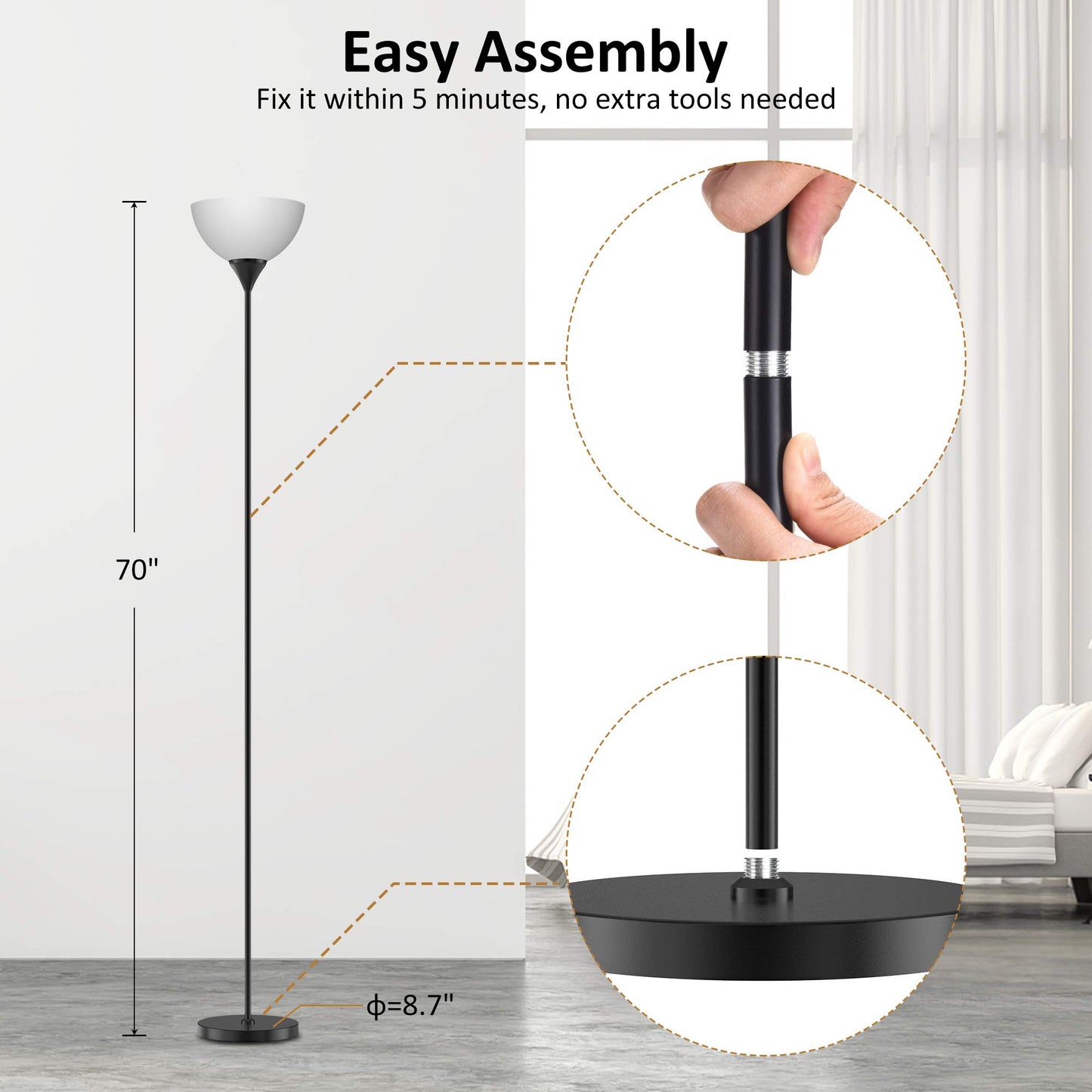 PESRAE Matte Black Floor Lamp with Remote, Stepless Dimming & Color Temperature, Torchiere Lamp for Bedroom & Living Room, Bulb Included