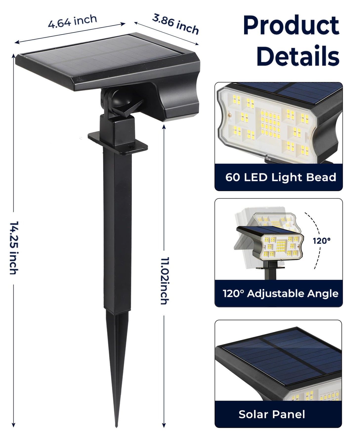 HGGH Solar Spot Lights 60 LED, Waterproof IP67, 3 Modes, 2-in-1 Outdoor Yard Garden Pathway Landscape Lights, Auto On/Off, 4 Pack