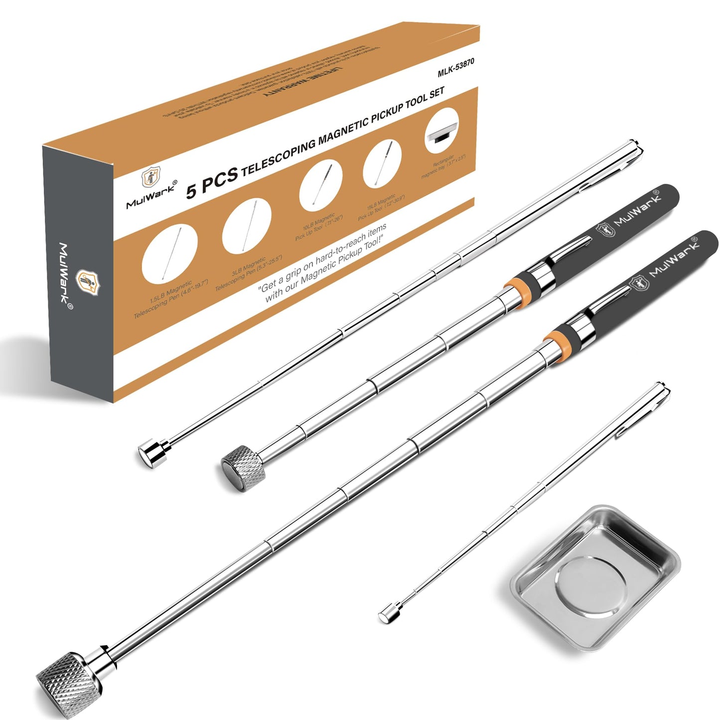 Mulwark 5-Piece Telescoping Magnetic Pickup Tool Set, Extendable 1.5–15LB Strong Pull Magnets with Rust-Proof Magnetic Tray for Mechanics, Automotive & DIY