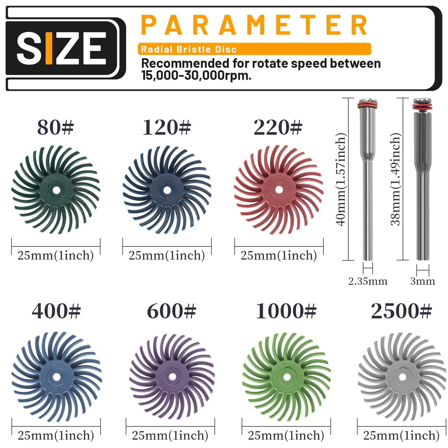 Junchamp 76-Pc 1" Radial Bristle Disc Kit, 1/8" Shank, Grit 80-2500, Rotary Tool Brush for Jewelry, Wood & Metal Polishing