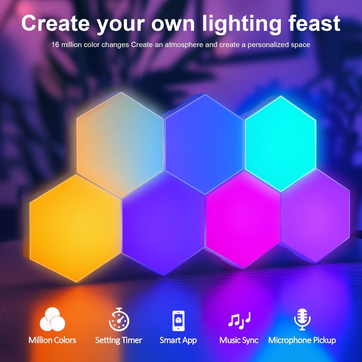 SLARY 10PCS RGB Hexagon LED Wall Light Panels, Smart Modular Honeycomb Gaming Lights with App Control, Music Sync, DIY Indoor Decor