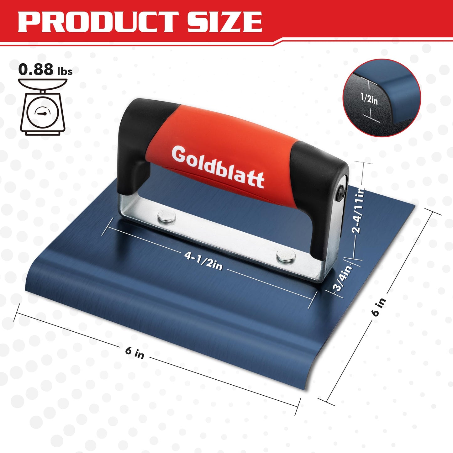 Goldblatt 6"x6" Concrete Edger, Blue High-Carbon Steel, 3/8"R 1/2"D, Durable Masonry Finishing Tool with Soft Grip & Steel Mount