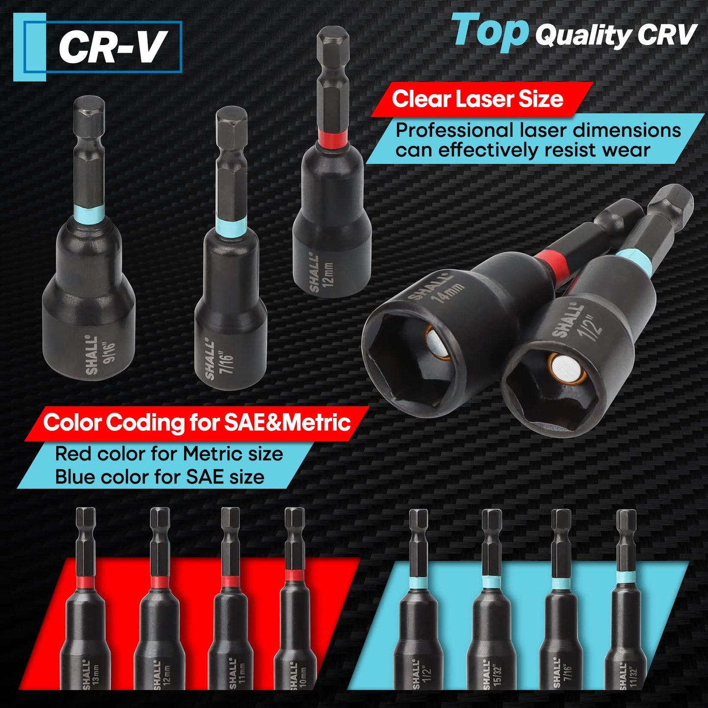 SHALL 29PCS Magnetic Nut Driver Set, 1/4" Hex Impact Drill Bits, SAE & Metric Cr-V Steel, Quick-Release Extensions & Storage Bag