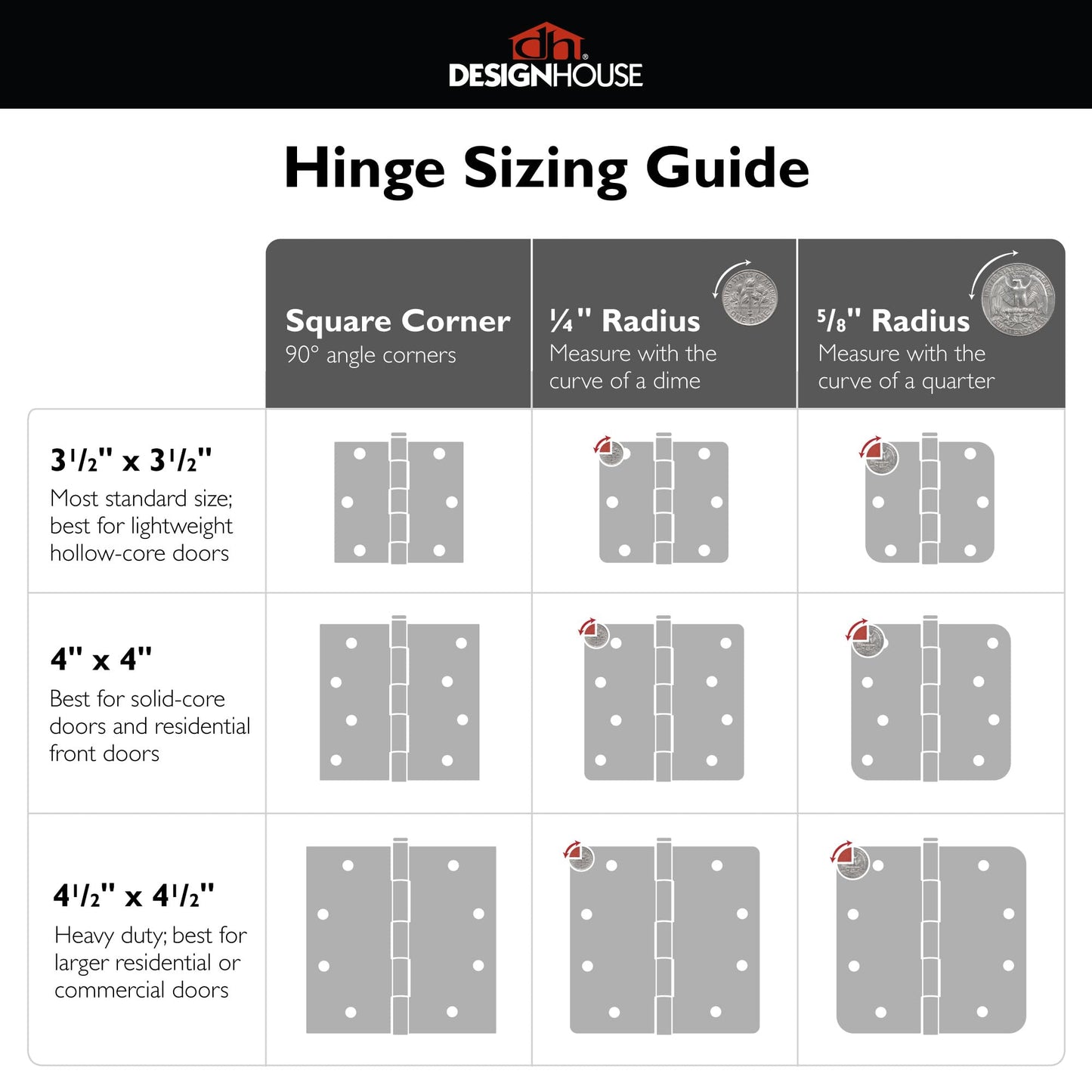 Design House Interior Door Hinges, 3.5 in. x 3.5 in., Rounded, 5/8-in. Radius, Steel, Pre-Lubricated, Door Hardware, Satin Brass, 3-Pack, 181396
